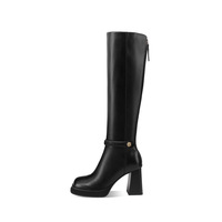 Nouvelle collection hiver : Bottes hautes pour femme en cuir de vachette, à bout carré, avec fermeture éclair et boucle, talon épais de 9 cm