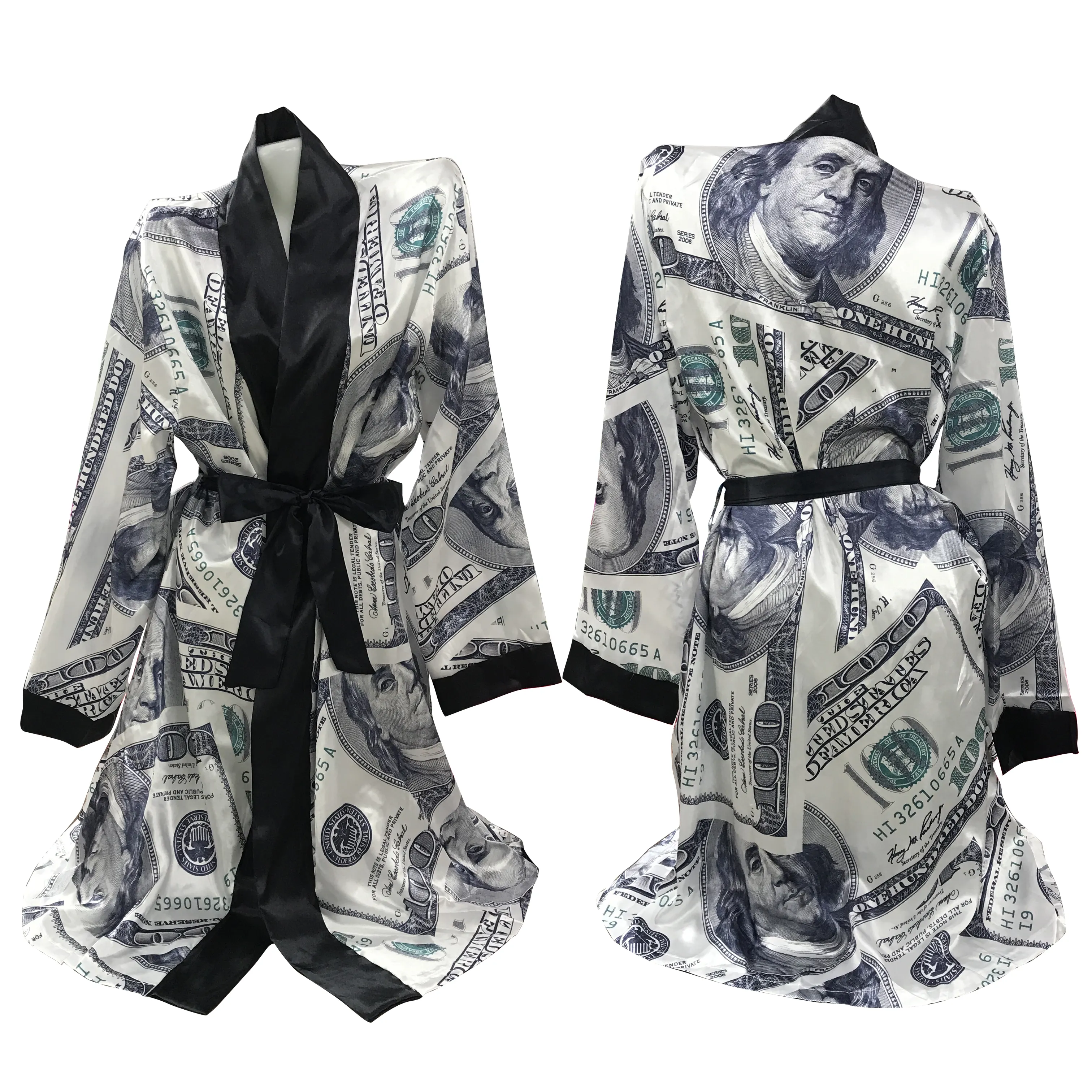 Dollar Geld Print Zijden Oversized Nachtkleding Vrouwen Kimono Zwart Kamerjas Klassieke Stijl Gewaad Nachtkleding