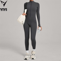 Jumpsuit Yoga Wanita Pengontrol Perut Setengah Resleting Berbahan Fleece Termal Lengan Panjang Ketat Model Bodysuit untuk Lari dengan Logo Kustom OEM