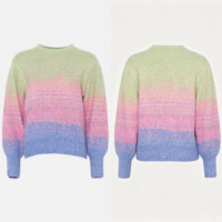 Pull tricoté sur mesure OEM pour femme, dégradé vert rose bleu, chiné, à manches raglan tombantes, en maille épaisse et duveteuse