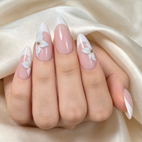 Faux ongles en acrylique en gros, personnalisés, à presser, avec motif floral 3D et French Manucure, forme amande, OEM, marque privée, usine BSCI, en vrac avec colle
