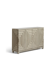 Buffet moderne en bois massif gris clair à 4 portes avec motif en relief, armoire de rangement pour salon et salle à manger