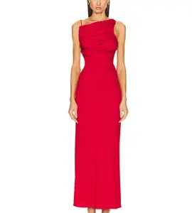 فستان أحمر منزلق بلا أكمام تشكيل الخصر مطوي عارية الظهر مثير أزياء السيدات مأدبة فساتين السهرة الطويلة