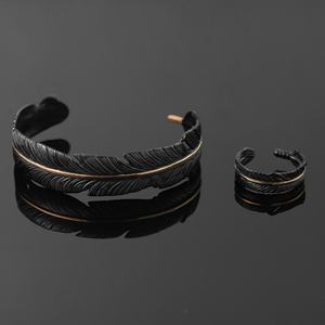 Ensemble de bijoux en acier inoxydable, bracelet ouvert réglable en argent, bracelet en forme de plume pour homme et femme, bijoux classiques, cadeau - Product Image 6