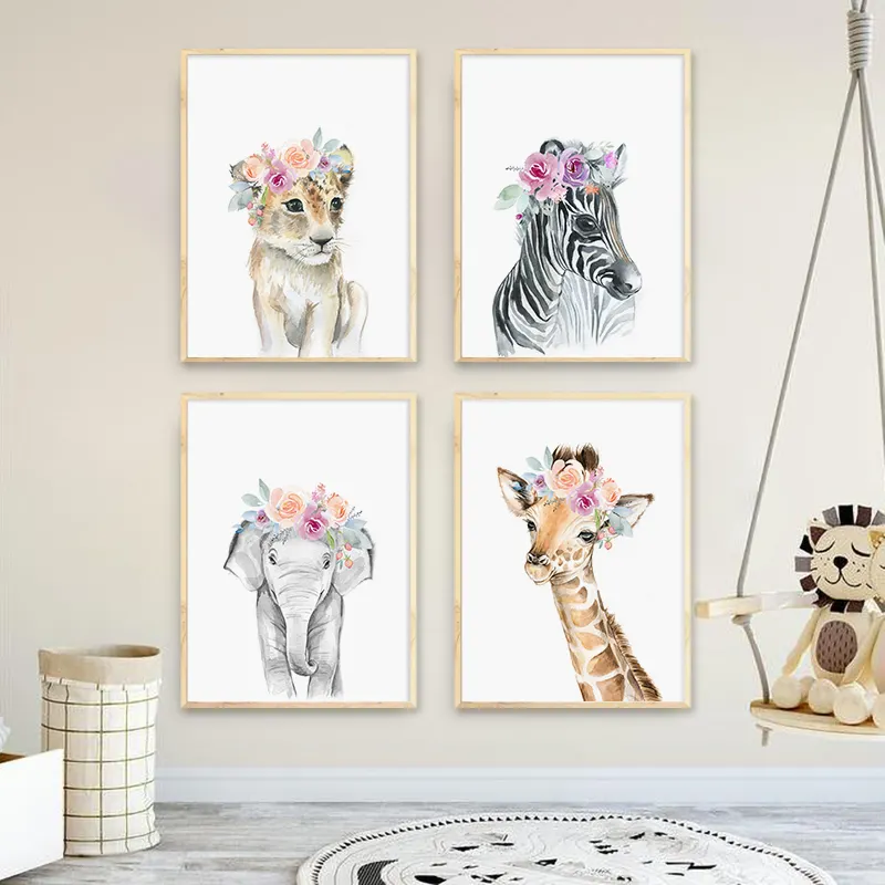Poster Kanvas Hewan Bunga Gajah Singa Zebra Jerapah Cetak Seni Dinding Lukisan Dinding Dekorasi Kamar Tidur Bayi Anak-anak