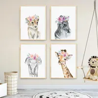 פרח בעלי החיים בד פוסטר האריה זברה פיל ג 'ירפה משתלת קיר אמנות הדפסת ציור קיר תמונות ילדים תינוק שינה דקור