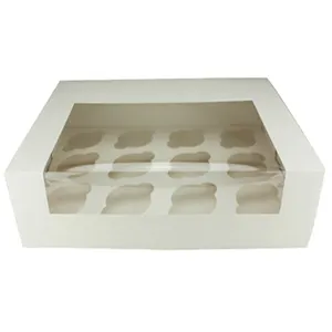 Caja de almacenamiento para Cupcakes, contenedor de papel blanco para pasteles, 12 unidades