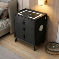 Mesita de Noche Inteligente Moderna de Madera y Cuero Europea con Carga Inalámbrica, Altavoz, Cerradura con Huella Dactilar e Iluminación LED para Dormitorio