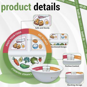 VIYNRAN Ensemble de 4 assiettes et bols en mélamine à motifs de dessins animés (9 pouces) avec mesure intégrée pour la perte de poids/estomac - Product Image 3