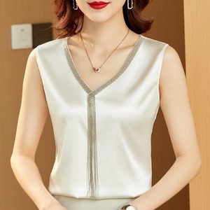 3059 #   Camicetta Estiva Senza Maniche in <span class=keywords><strong>Raso</strong></span> da <span class=keywords><strong>Donna</strong></span>, Scollo a V, Tinta Unita, Elegante, con Diamanti, Vestibilità Ampia, Casual, in Seta, Top <span class=keywords><strong>Blusa</strong></span> - Product Image 2
