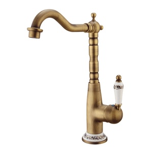 Robinet de lavabo en laiton antique de style européen, à trou unique, robinets à débit contrôlé, montage sur plan, poignée unique, anti-débordement - Product Image 1
