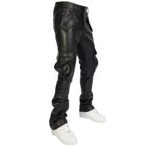 กางเกงคาร์โก้ขาบานสำหรับผู้ชายกางเกงหนังฮิปฮอปหนังสังเคราะห์แบบซ้อนกัน Y2k ออกแบบได้ตามต้องการ