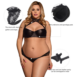 Ohyeah Low MOQ <strong>Mature</strong> Women <strong>Latex</strong> Two Piece Stylish Black Panty Bra Set Valentines Leather Lingerie XXXL - Product Image 5