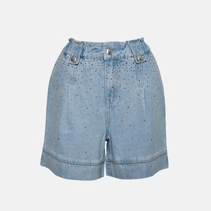 Short en jean taille haute pour femme, style streetwear, orné de strass, bleu délavé – Collection Jorts – Offre Spéciale - Product Image 4
