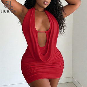 Robe moulante mini sexy pour femme, dos nu, col halter profond en V, <span class=keywords><strong>sans</strong></span> <span class=keywords><strong>manches</strong></span>, froncée, pour soirée en boîte de nuit - Product Image 1