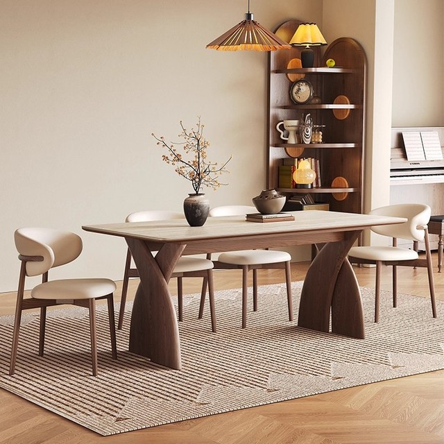 2026 New American Vintage Solid Wood Dining Table with Stone Top: French Vintage-Style Family Living Room