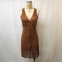 Robe Courte Femme Tendance Printemps 2026 en Faux Daim à Franges, Sans Manches, Boutonnée, Style Western Cowgirl, Tenue de Concert Country