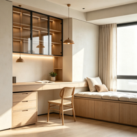 Meuble mural sur mesure pour bureau, avec armoire vitrée, étagère LED, placards, banquette de fenêtre et tiroirs de rangement