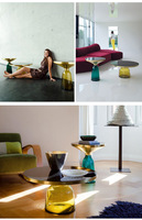Table basse multifonctionnelle colorée, meuble d'angle rond avec assise en verre, pour salon