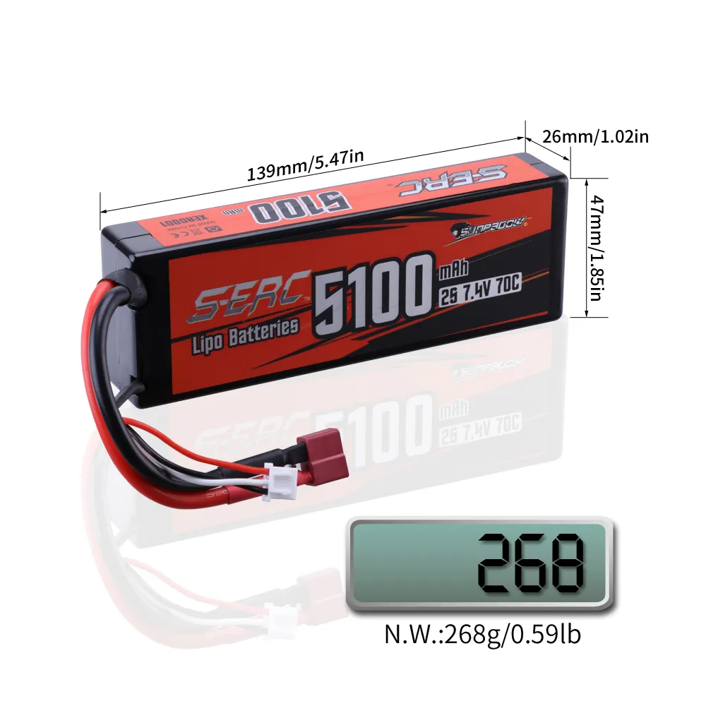 SUNPADOW 2S Lipo Battery 7.4V 5100mAh 70C Hard Case with Deans T Plug for RC Car Truck Boat Vehicles Tank Buggy Racing Hobby