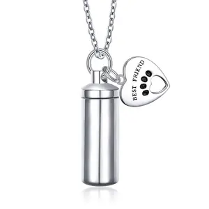 Wholesale Pet Paw Heart Charm und Cylinder Memorial Urn Necklace Sterling Silver Cremation Jewelry