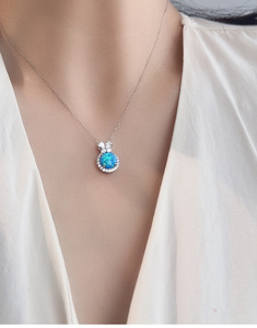 925 Sterling Silver Rhodium Plated Trendy Engagement Wedding Blue <b>Opal</b> Double Halo Pendant <b>Necklace</b> Dainty Bow Accent Jewelry - Product Image 3