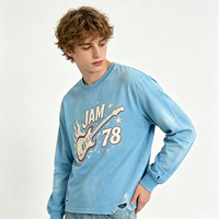 Kaos Lengan Panjang Biru Vintage Distressed Heavyweight Sun Faded Streetwear JAM 78 Grafis untuk Pria Unisex Grosir