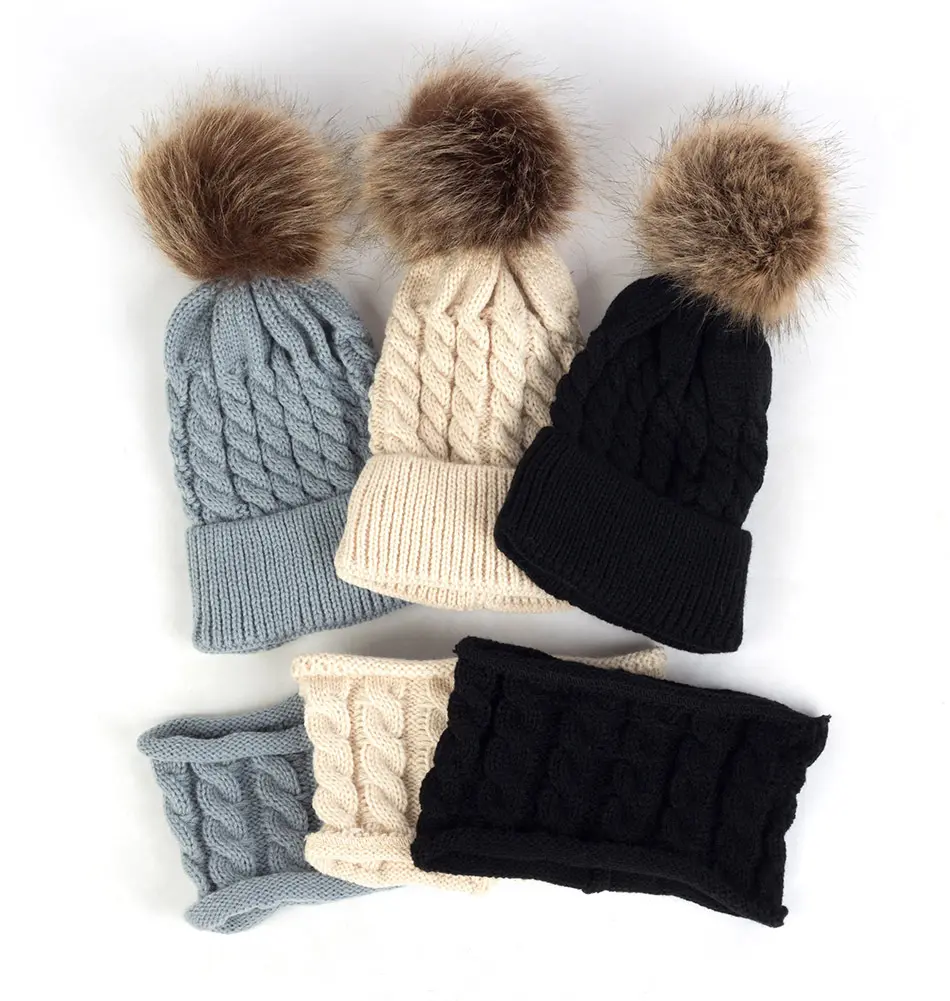 Soft Thicken Wool Ski New Black 2pieces Winter Beanie Hat Scarf Set Warm Knit Skullies Hats With Pom Cap For Kids