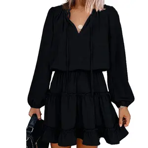 MANNI Customized Apparel Ladies Elegant Black Ruffled Casual Clothes for Women Swing Dresses