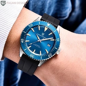 Montre de plongée automatique pour homme PAGANI DESIGN, cadran bleu 42 mm, résistante à l'eau jusqu'à 100 m, bracelet en caoutchouc noir - Product Image 2