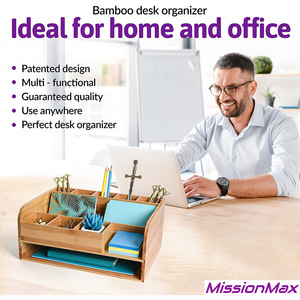 Organizador de escritorio de bambú con cajón, caja de almacenamiento multicompartimento de 34x24x15cm para papelería de oficina y pañuelos - Product Image 4