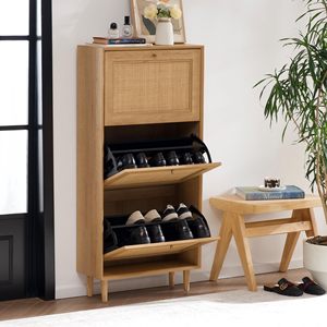 <strong>Shoe</strong> <strong>Storage</strong> With 3 Flip Drawers Hidden Freestanding <strong>Shoe</strong> Rack With Natural <strong>Rattan</strong> Doors Narrow Bamboo <strong>Shoe</strong> Cabinet - Product Image 3