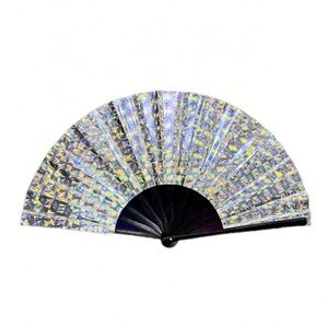 Custom Holographic Printed Logo13 Inch Large Hand Fan Fabric Folding Fan for Promotional <b>Gift</b> - Product Image 1