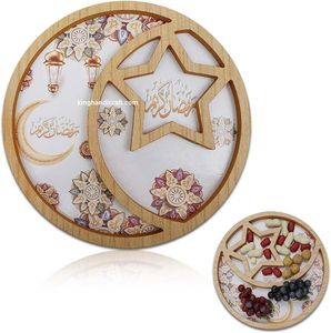 Plateau décoratif en bois de style bohème Ramadan Eid Mubarak, nacre |   Plateau de service flexible artisanal pour boissons - Product Image 2