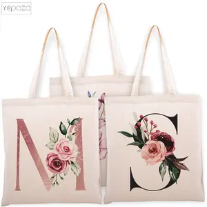 Personal isierte Floral Initial Canvas Einkaufstasche für den täglichen Gebrauch Brautjungfern Party Geschenk Beige Lieferung Tasche