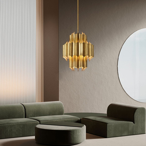 Lampadario Artistico Stile Metà Secolo, Design Grandioso in Ottone con Pannelli Curvi a Più Livelli, Finitura Dorata, Lampadario Decorativo Scultoreo Unico - Product Image 3