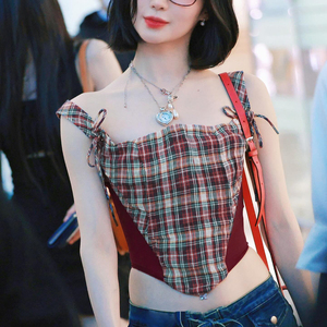Color Block Plaid Mesh Patchwork Camisole Crop Top Women <b>Spaghetti</b> <b>Strap</b> Slim Fit Y2K Retro Casual Versatile Summer Top - Product Image 1