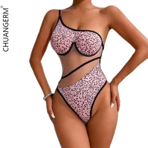 Chuangerm Spot Wholesale Low Moq 2024 New Arrivals Fashion Leopard Print Mesh Splicing Mesh Shaping See Through Bodysuit