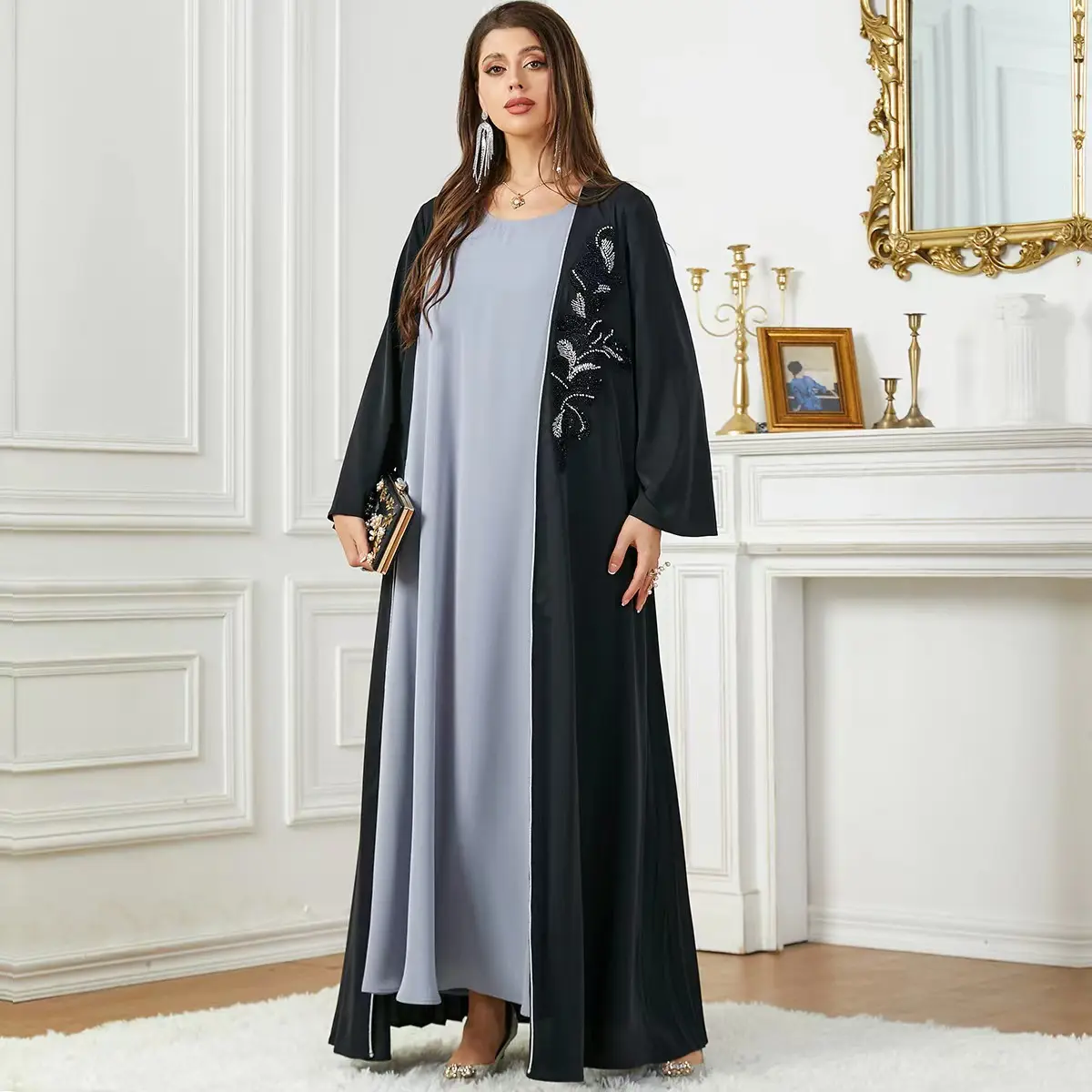 Dubai Midden-Oost Arabische Vrouwen Open Abaya Applique Moslim Kaftan Marokko Kalkoen Moslim Gewaad Islamitische Kleding Vest