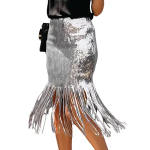 Clothing Supplier Women High Waist Tassel Silver Gold Sequin Skirts