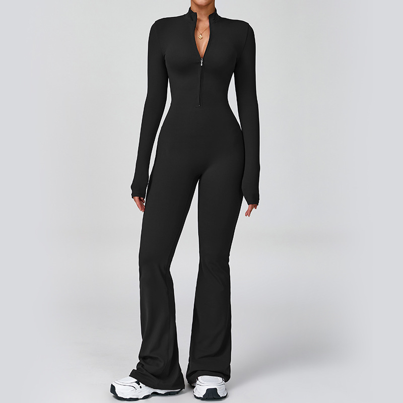 Women Sportswear Long Sleeves Wide Leg Jumpsuit One Piece Half Zip 4-way Stretch Soft Apparels Jogger Pilates Gym Yoga Bodysuit