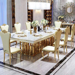 <span class=keywords><strong>Table</strong></span> à manger rectangulaire de <span class=keywords><strong>grande</strong></span> taille en marbre italien de style moderne haut de gamme avec plateau blanc et pieds en acier inoxydable doré pour les événements, les hôtels et les banquets - Product Image 4