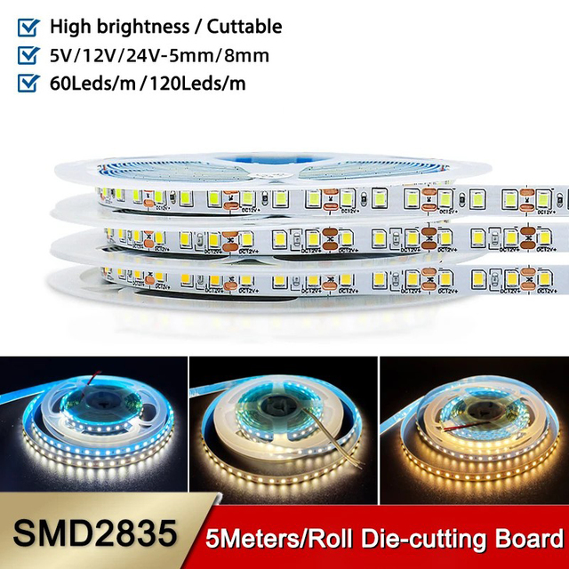 Flicker-free High Brightness 5V/12V/24V SMD 2835 Led Strip Light 5mm 8mm Cuttable Self-adhesive SMD2835 Led Strip