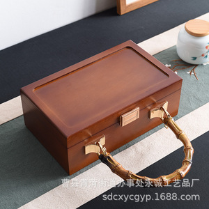 Caja de Almacenamiento Portátil de Madera, Rectangular, 9.5cm de Alto, Caja de Regalo de Madera Maciza con Asa de Bambú - Product Image 2