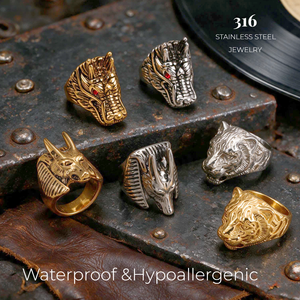Erkekler Vintage 316 Paslanmaz Çelik Mühür Yüzüğü Ejderha Anubis Kaplan Oymalı Su Geçirmez Hipoalerjenik Gotik Biker Punk Takı - Product Image 1