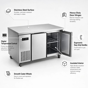 <span class=keywords><strong>Table</strong></span> de travail sur mesure avec réfrigérateur-congélateur intégré, plan de travail de cuisine en acier inoxydable pour boulangerie et conservation alimentaire - Product Image 5