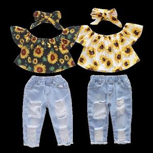 Ensemble 3 pièces pour bébé fille, haut à épaules dénudées, imprimé tournesol, pantalon en jean déchiré, bandeau, tenues pour tout-petits, vêtements d'été pour enfants, 2021 - Product Image 1