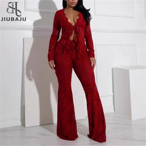 Nuevos conjuntos de encaje de primavera y otoño para mujer, Top ajustado <span class=keywords><strong>Sexy</strong></span> de manga larga y pantalones acampanados, ropa de discoteca roja <span class=keywords><strong>2025</strong></span>, dos trajes de 2 piezas - Product Image 1