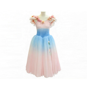 Robe de ballet rose et bleu dégradé pour filles, costume de danse féerique pour enfants, longue jupe en tulle avec appliques florales 3D pour Coppelia - Product Image 4