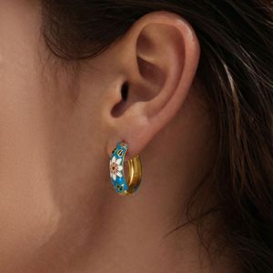 Pendientes de Aro de Acero Inoxidable con Oro de 18K, Estilo Bohemio, Esmalte Tricolor, Impermeables, con Patrones Florales, Resistentes a la Decoloración - Product Image 4